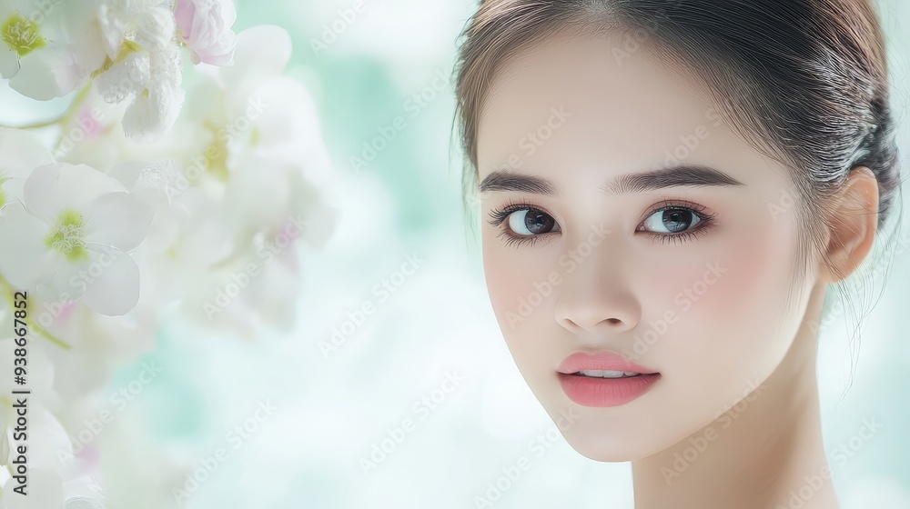 Beautiful Woman with White Flowers and Soft Makeup Beautiful Woman with White Flowers and Soft Makeup