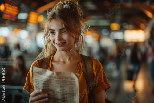 A radiant and adventurous young woman, with a wide-angle view of bustling airport terminal, eagerly scans flight schedules in warm glow of a sunny morning, her excitement palpable as she embarks on a photo