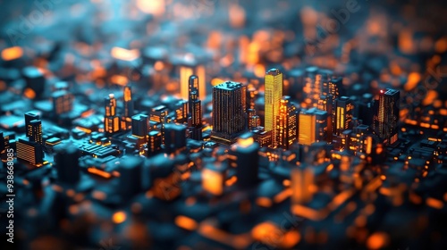 A 3D effect of a city at night, with lights and buildings popping out against a dark background, 3D effect, night city, urban