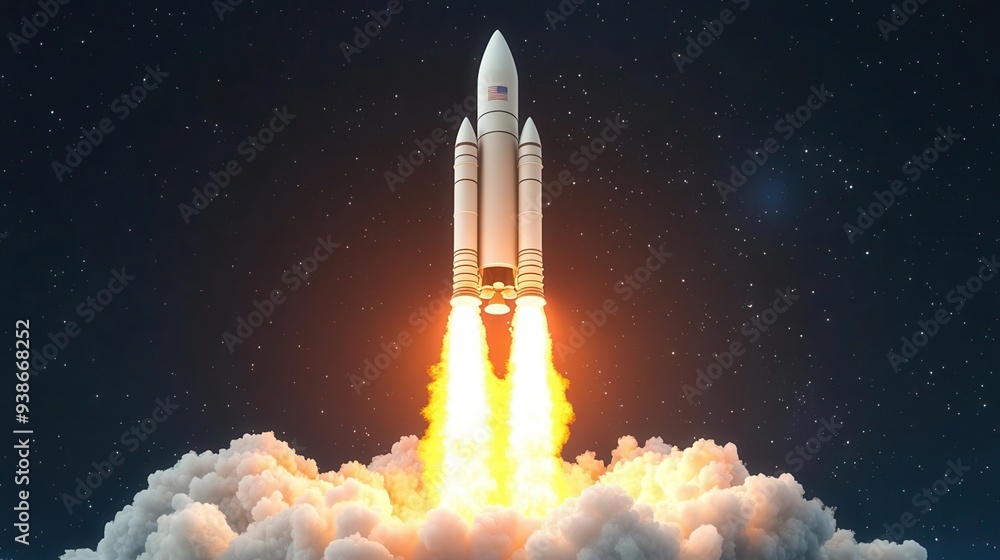 Naklejka premium A 3D effect of a rocket launching into space, with flames and smoke bursting out, 3D effect, rocket, space