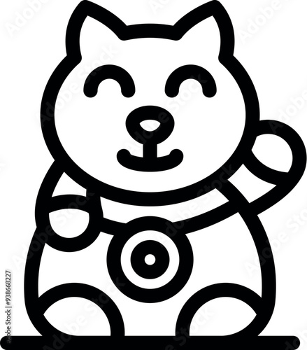Simple line art of a happy maneki neko waving its paw, a traditional japanese figurine believed to bring good luck