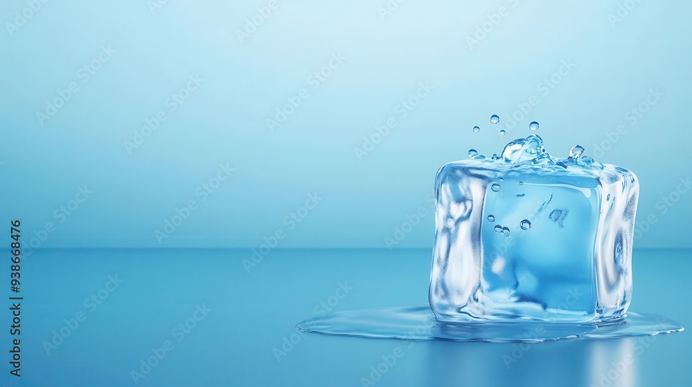 A 3D effect of an ice cube melting, with water droplets floating out, 3D effect, ice, melting A 3D effect of an ice cube melting, with water droplets floating out, 3D effect, ice, melting