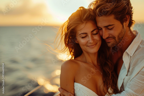 As sun began to set on a balmy summer evening, a loving couple embraced on deck of their luxurious yacht, surrounded by panoramic view of glistening ocean, warm breeze gently tousling their hair as t photo