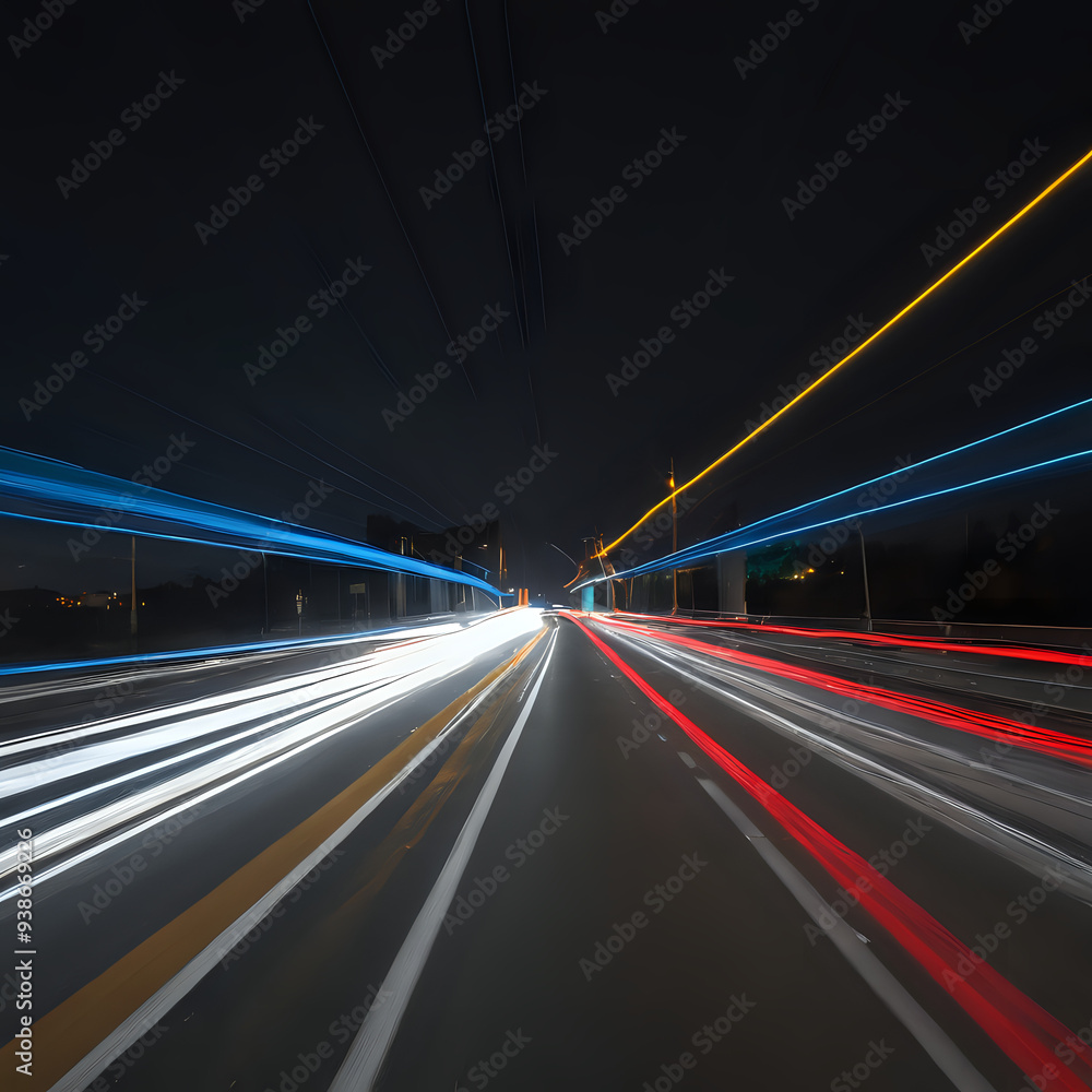 a view of a highway with a car driving on it at night a view of a highway with a car driving on it at night