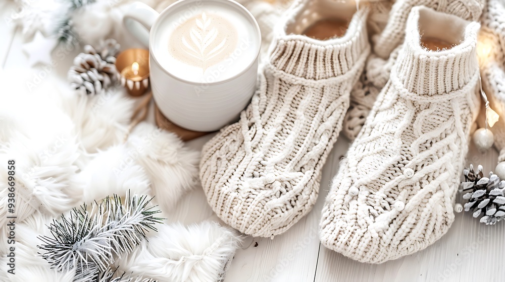 A cozy winter setup with a knitted sweater, a pair of fuzzy slippers, and a hot drink on a white background. The items create a warm and inviting winter scene. A cozy winter setup with a knitted sweater, a pair of fuzzy slippers, and a hot drink on a white background. The items create a warm and inviting winter scene.