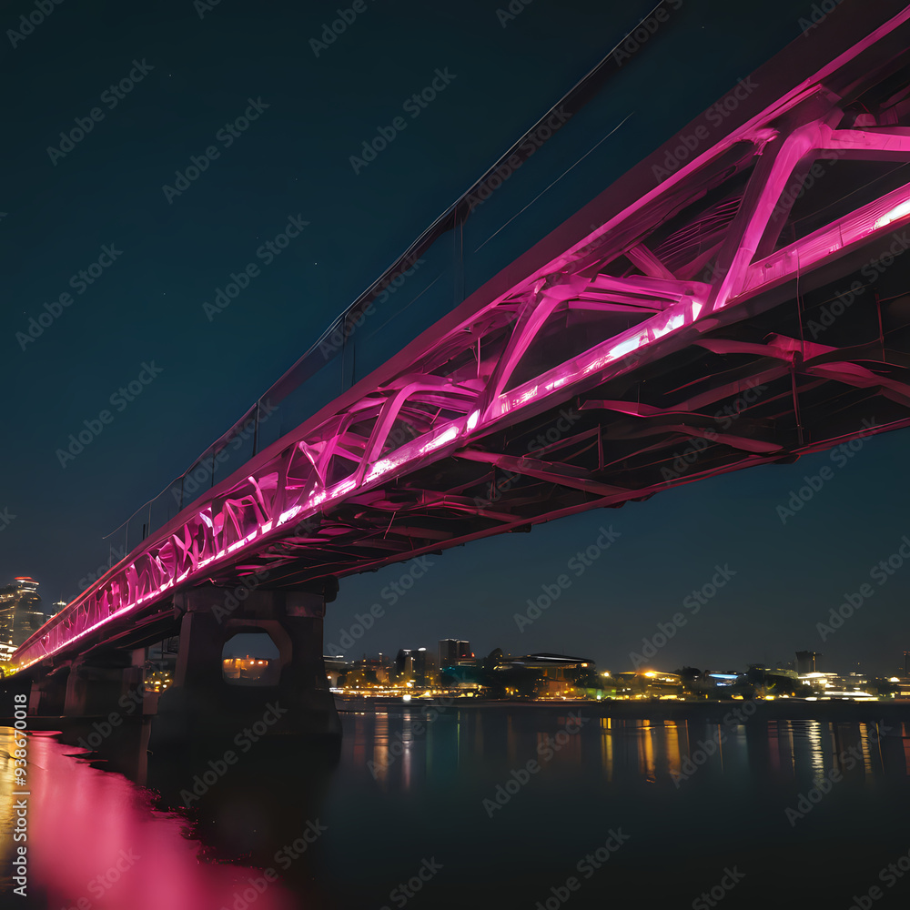 Fototapeta premium a bridge with pink lights over a body of water