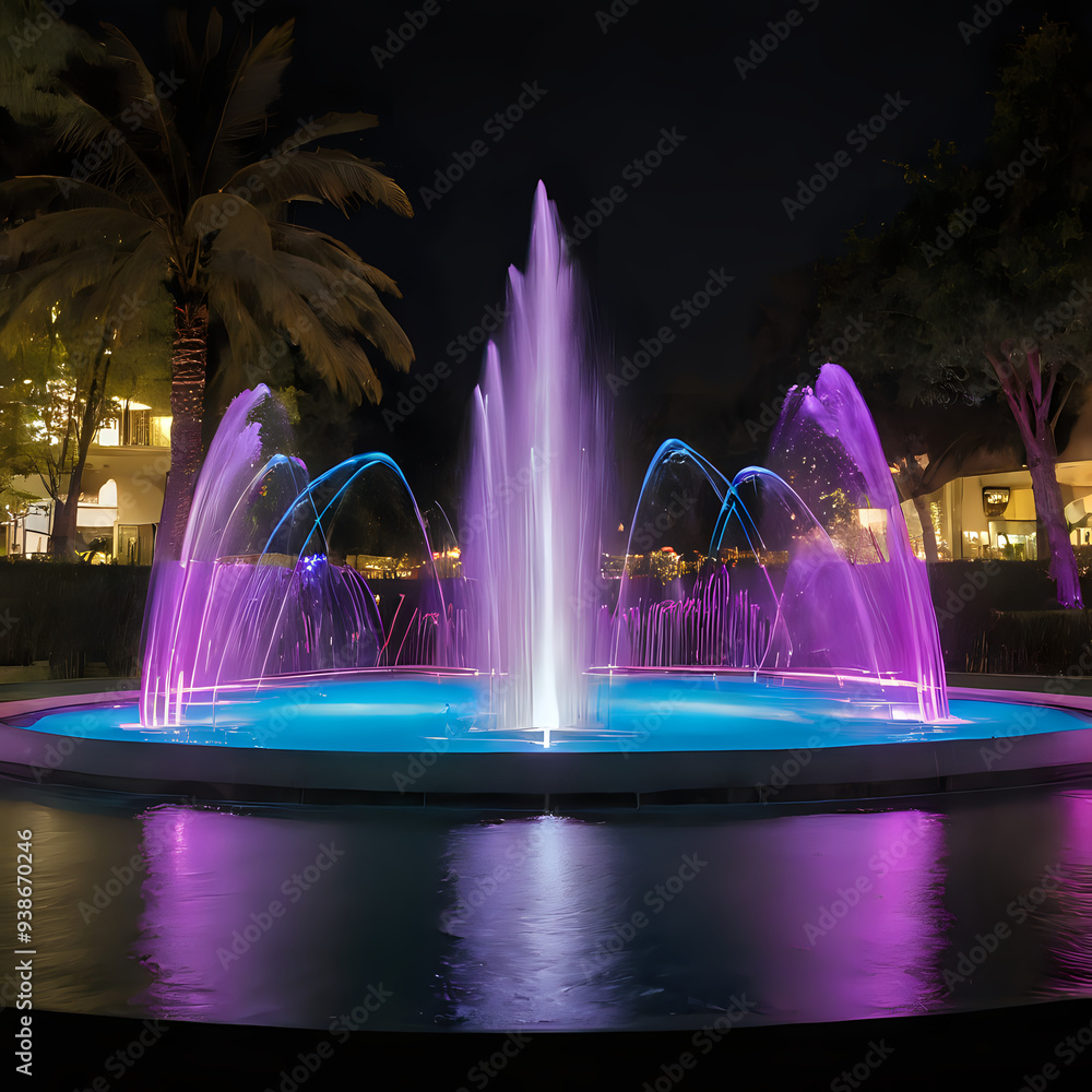 a fountain with colorful lights in front of a building at night a fountain with colorful lights in front of a building at night