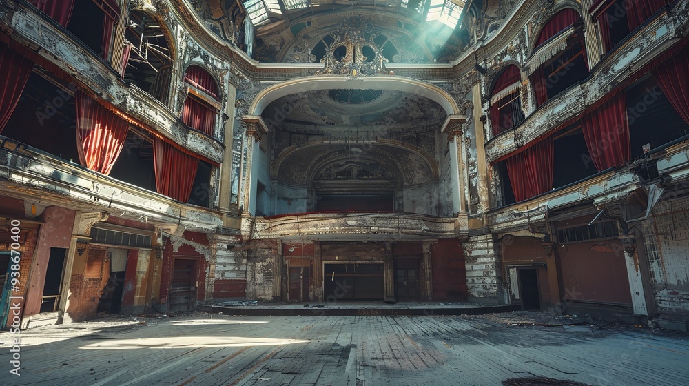 Serene Solitude: The Empty Theater's Red Velvet Curtains Illuminated by Sunlight, Stage Elegance and Tranquil Morning Aura. Serene Solitude: The Empty Theater's Red Velvet Curtains Illuminated by Sunlight, Stage Elegance and Tranquil Morning Aura.