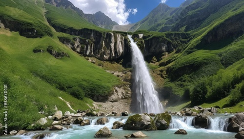  Natures grandeur  A waterfall cascading through a lush mountain landscape