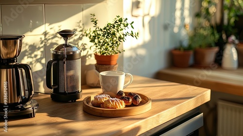 Fototapeta Naklejka Na Ścianę i Meble -  Charming Coffee Station Poster: Enhance Your Space with a Cozy French Press, Ceramic Mug, and Pastry Display on Light Wood Countertop – Perfect for Home or Café Decor!