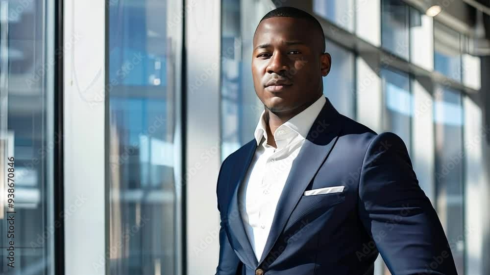 Executive Presence: A confident Black businessman in a sharp suit stands by a window in a modern office, exuding an aura of leadership and ambition. Executive Presence: A confident Black businessman in a sharp suit stands by a window in a modern office, exuding an aura of leadership and ambition.