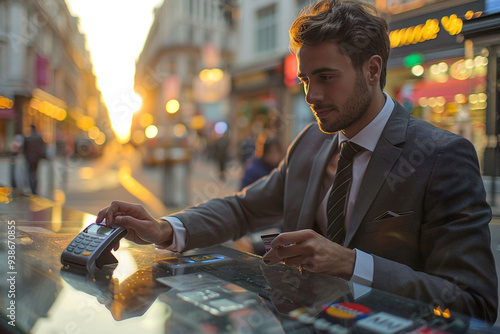 On a sunny summer morning, a wide-angle view captures attractive businessman confidently using his plastic credit card to make a purchase, with a panoramic view showcasing bustling city streets and v photo