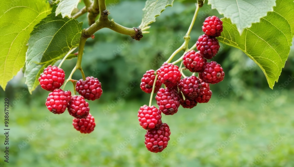 Vibrant red berries hanging from a branch ready for harvest Vibrant red berries hanging from a branch ready for harvest