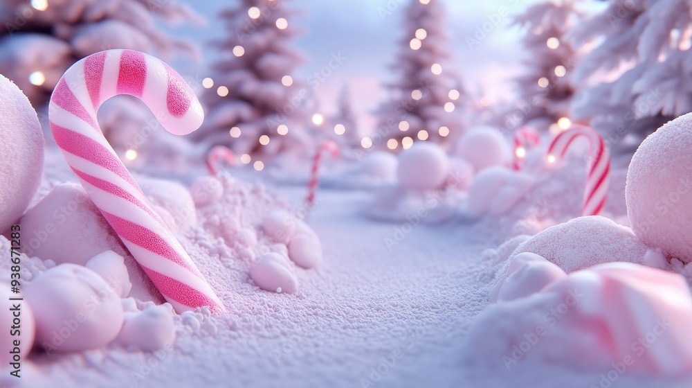 Enchanting Winter Wonderland with Candy Canes and Snowy Landscape, Festive Holiday Scene with Snow-Covered Trees and Twinkling Lights, Perfect for Christmas and Winter-Themed Designs Enchanting Winter Wonderland with Candy Canes and Snowy Landscape, Festive Holiday Scene with Snow-Covered Trees and Twinkling Lights, Perfect for Christmas and Winter-Themed Designs