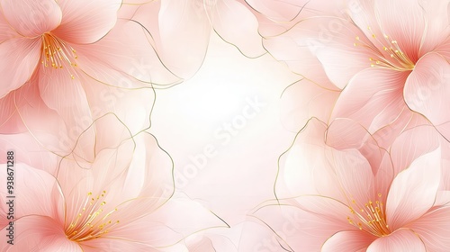 Abstract Floral Background with Delicate Pink Flowers and Golden Lines.