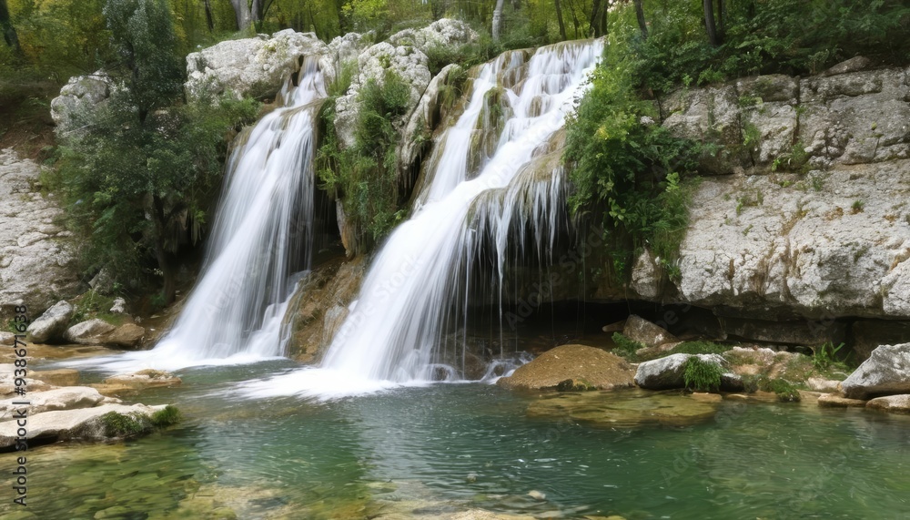 Fototapeta premium Natural beauty A serene waterfall cascading into a tranquil pool