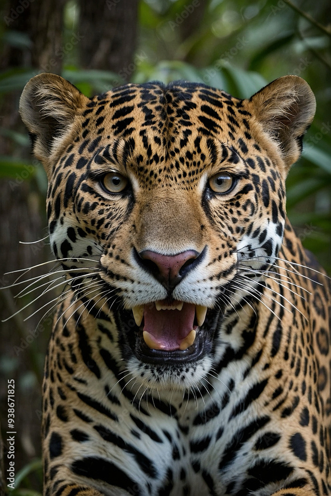 Obraz premium Crouching jaguar between trees 