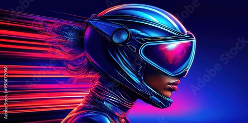 African American astronaut in a modern space suit with neon accents, featuring a gradient background that highlights the theme of space technology and exploration.