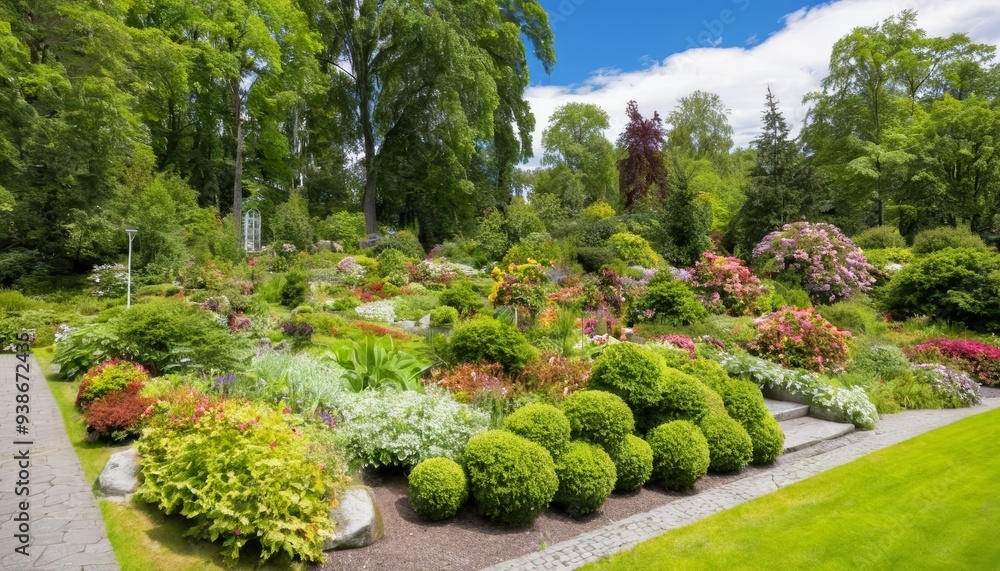 Obraz premium Vibrant garden oasis under a clear sky