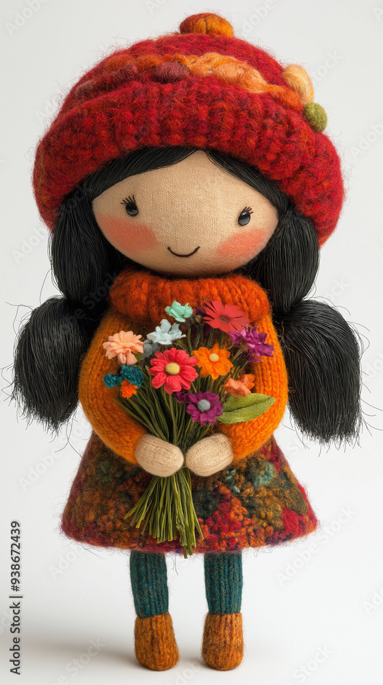 A super cute doll in a bright red hat holds a small bunch of flowers, standing against a white background. Its innocent, cheerful demeanor contrasts beautifully with the vibrant colors. A super cute doll in a bright red hat holds a small bunch of flowers, standing against a white background. Its innocent, cheerful demeanor contrasts beautifully with the vibrant colors.