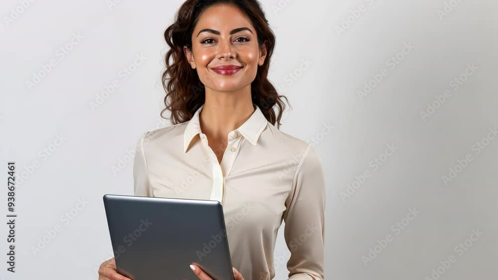 a smiling young businesswoman standing while holding a laptop and looking at the camera, isolated on a white background,generative ai a smiling young businesswoman standing while holding a laptop and looking at the camera, isolated on a white background,generative ai
