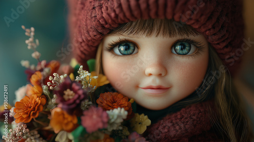 A super cute doll in a bright red hat holds a small bunch of flowers, standing against a white background. Its innocent, cheerful demeanor contrasts beautifully with the vibrant colors.