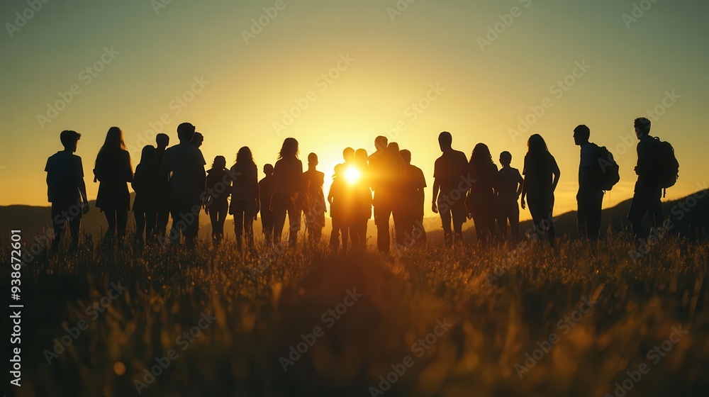 A group of shadow people walking down a sidewalk at sunset A group of shadow people walking down a sidewalk at sunset