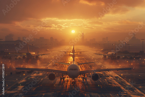 As radiant morning sun bathes airport in a golden glow, a panoramic view reveals a bustling scene of luxury as sleek airplanes, akin to supercars and private jets, grace landing strip, ready to embar photo