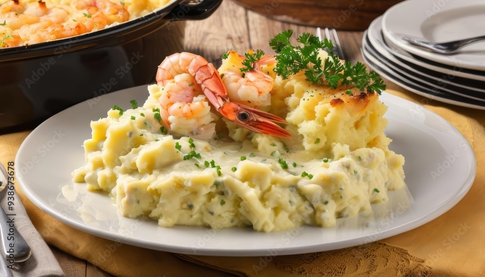 Delicious seafood and mashed potatoes ready to be savored Delicious seafood and mashed potatoes ready to be savored
