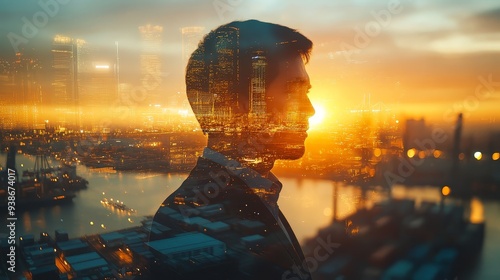 Silhouette of Man Over Cityscape at Sunset