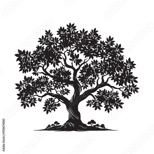 Sandalwood tree Black silhouette on a white background. Vector. Set.