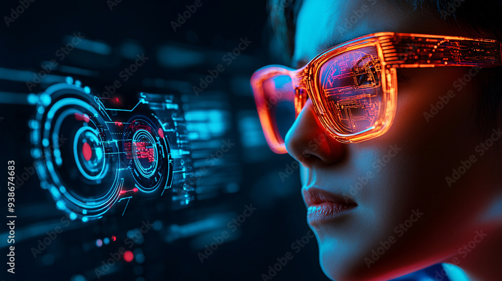 A young person wearing futuristic glasses interacts with a digital interface, showcasing technology A young person wearing futuristic glasses interacts with a digital interface, showcasing technology