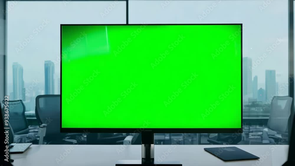 Green Screen Display in Business Office: Isolated Mockup for Digital Apps Green Screen Display in Business Office: Isolated Mockup for Digital Apps