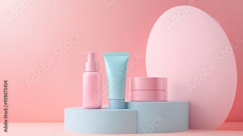 Minimalist Pink and Blue Cosmetic Products on Display Stand