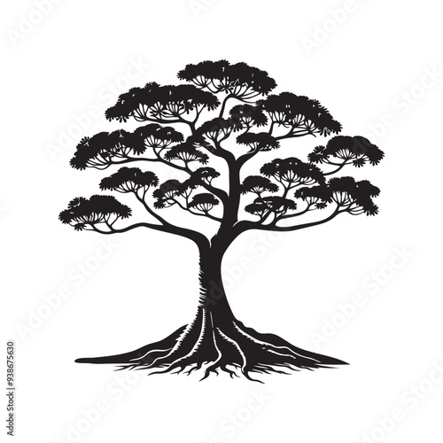 Sandalwood tree Black silhouette on a white background. Vector. Set.