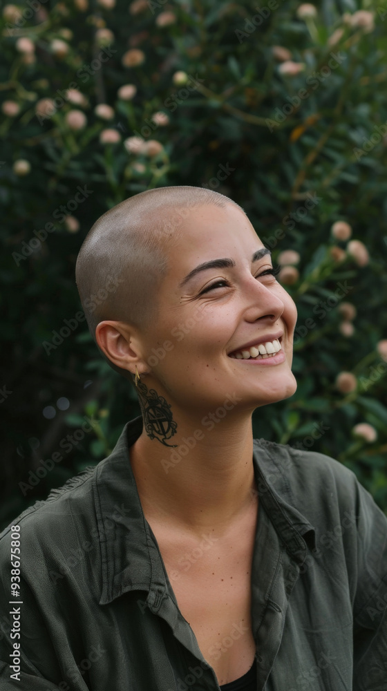 Confidently Smiling Woman with Shaved Head in Nature
Confidently Smiling Woman with Shaved Head in Nature