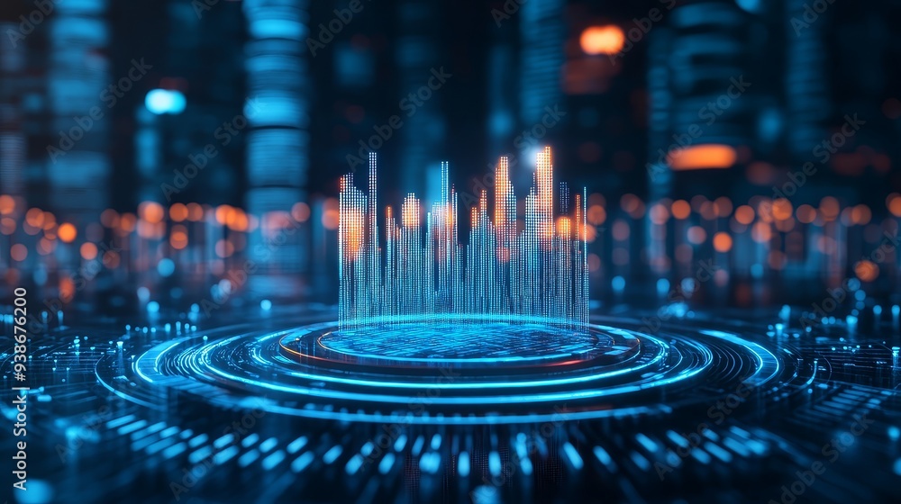 Futuristic Cityscape with Neon Lights and Digital Data Futuristic Cityscape with Neon Lights and Digital Data