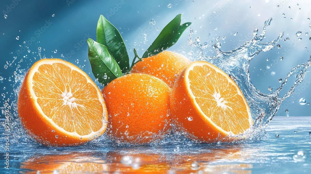 Fresh Oranges Splashing in Water with Green Leaves Fresh Oranges Splashing in Water with Green Leaves