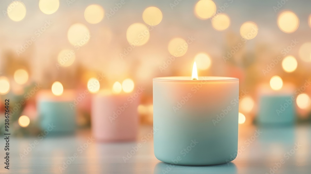 Burning Teal Candle with Bokeh Lights and Warm Background Burning Teal Candle with Bokeh Lights and Warm Background