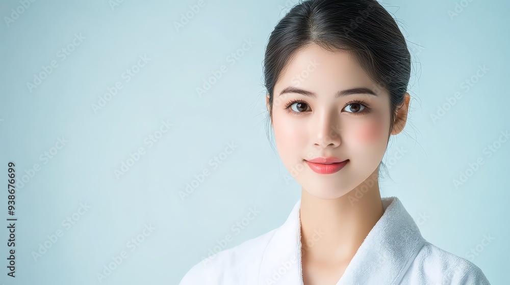 Beautiful Asian Woman Smiling in White Robe Against Blue Background Beautiful Asian Woman Smiling in White Robe Against Blue Background