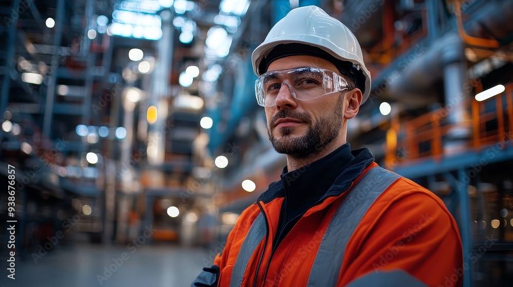Industrial Worker in Hard Hat and Safety Glasses Looking at Camera Industrial Worker in Hard Hat and Safety Glasses Looking at Camera