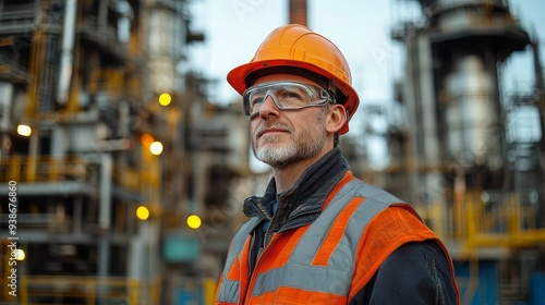 Industrial Worker in Hard Hat and Safety Glasses at Refinery Plant