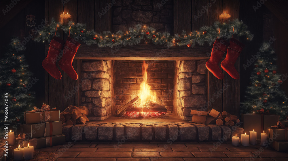 Warm Inviting Fireplace Background with Stockings Soft Lighting and Cozy Rustic Interior for Christmas and Wintertime Relaxation Themes Warm Inviting Fireplace Background with Stockings Soft Lighting and Cozy Rustic Interior for Christmas and Wintertime Relaxation Themes