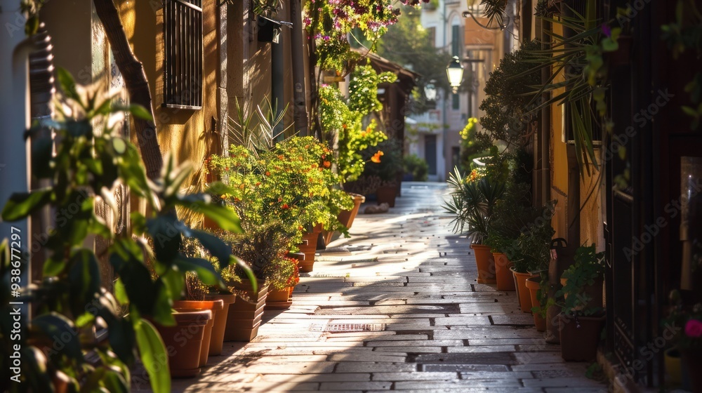 Sunlight Streaks Through a Narrow, Flower-Lined Italian Alley Sunlight Streaks Through a Narrow, Flower-Lined Italian Alley