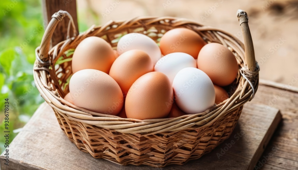Freshly laid organic eggs in a rustic basket Freshly laid organic eggs in a rustic basket