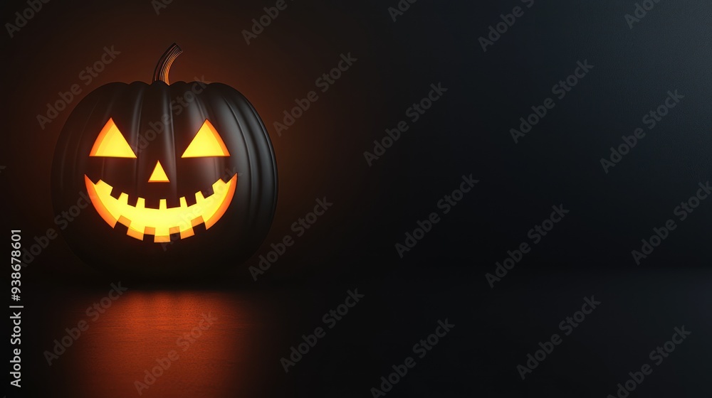 Fototapeta premium Sinister 3D Halloween Banner with Glowing Jack-o'-lantern Face on Dark Background, Generative Ai