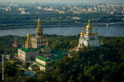 Beautiful aerial view of a historic monastery complex with golden domes surrounded by lush green trees, a river, and a cityscape in the background on a sunny day.