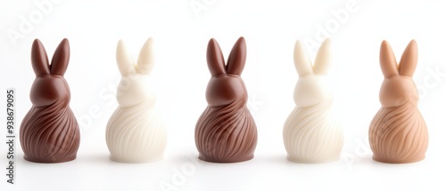 Five chocolate rabbits of different colors are lined up on a white background