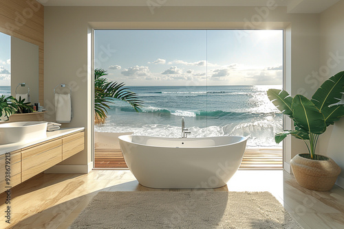 From a wide-angle view on a sunny summer day, luxury and modern hotel's beach bathroom exudes opulence and relaxation, with its sleek design, sparkling clean facilities, and panoramic ocean vistas, c photo