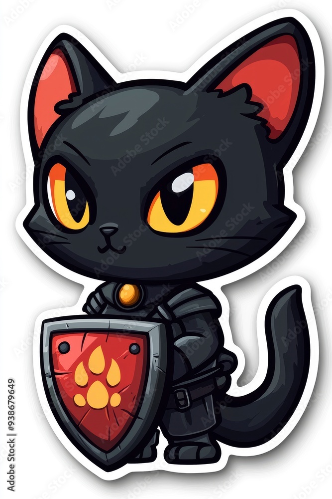 Cute Black Cat Knight with Shield and Paw Print Cute Black Cat Knight with Shield and Paw Print